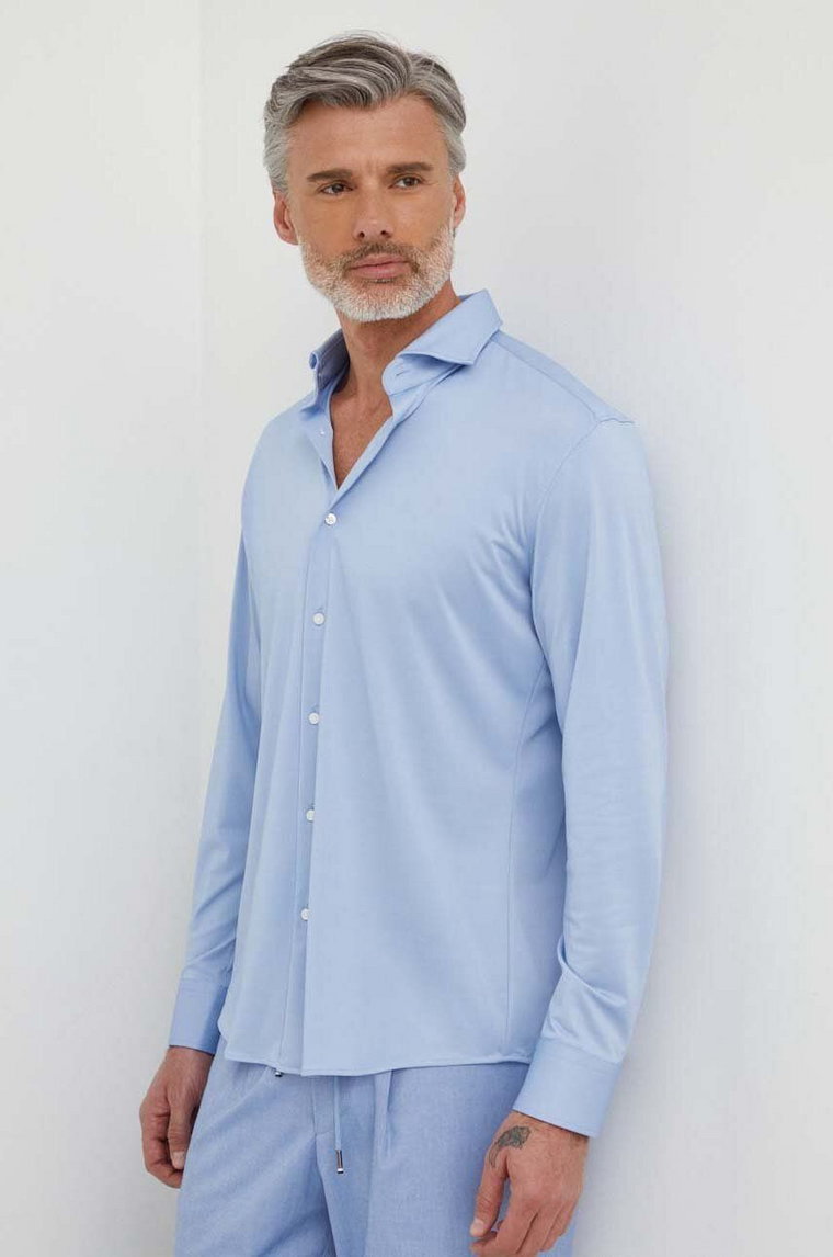 BOSS koszula męska kolor niebieski slim z kołnierzykiem włoskim