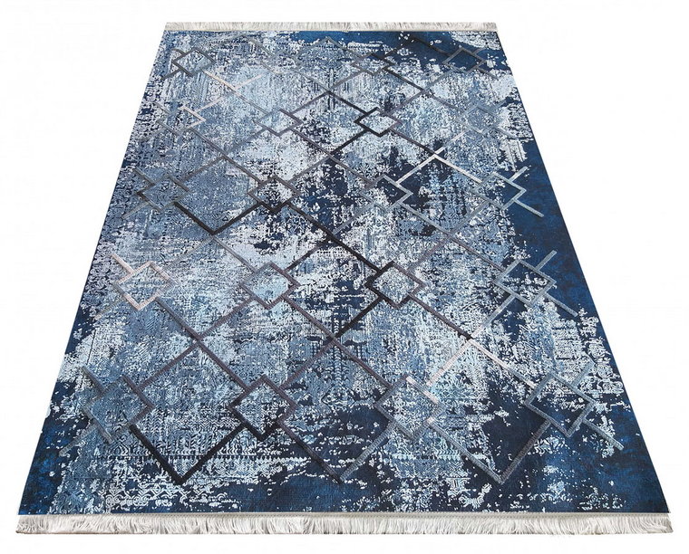 Niebieski dywan bawełniany z frędzlami - Dehab