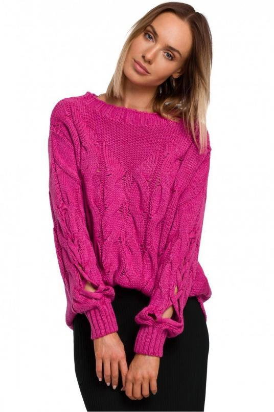 Sweter damski splot w warkocz i rękawy z rozcięciami różowy fuksja