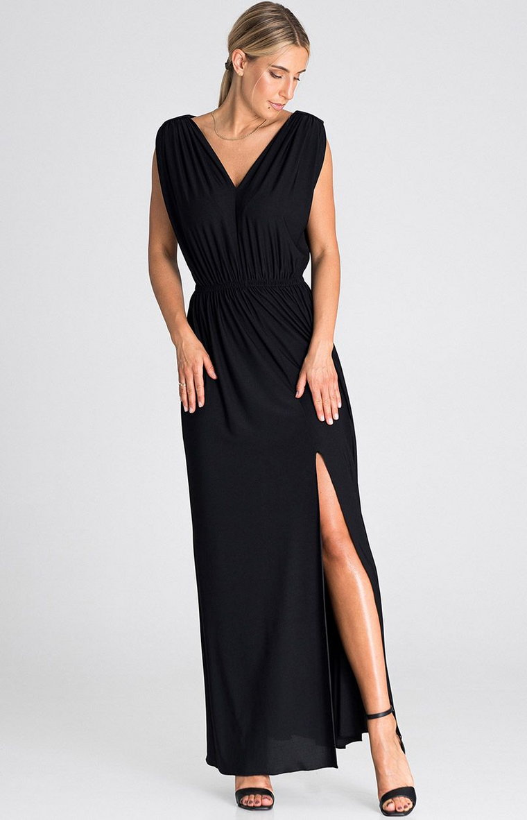 Czarna sukienka z rozcięciem M947, Kolor czarny, Rozmiar L/XL, Figl