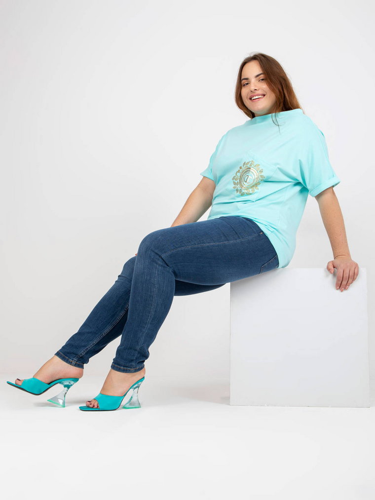 Bluzka plus size mietowy casual codzienna dekolt łódka rękaw krótki dżety print (nadruk)