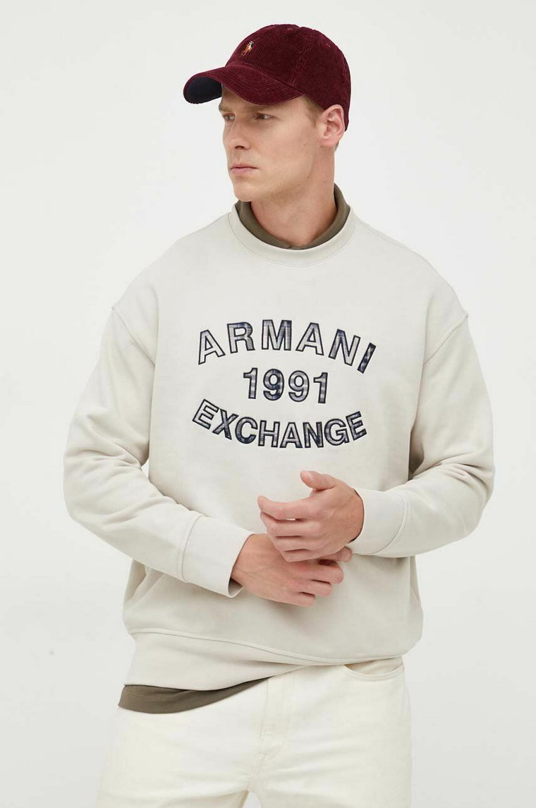 Armani Exchange bluza bawełniana męska kolor beżowy z aplikacją