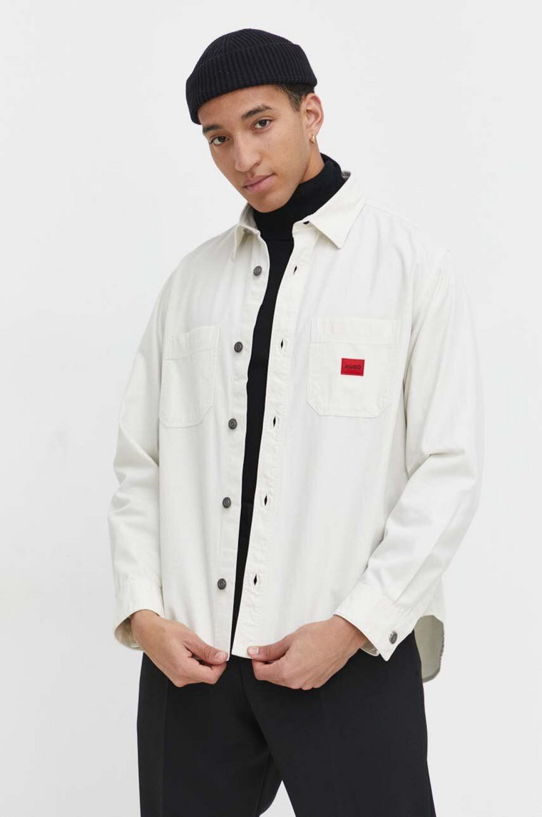 HUGO koszula jeansowa męska kolor biały regular z kołnierzykiem klasycznym