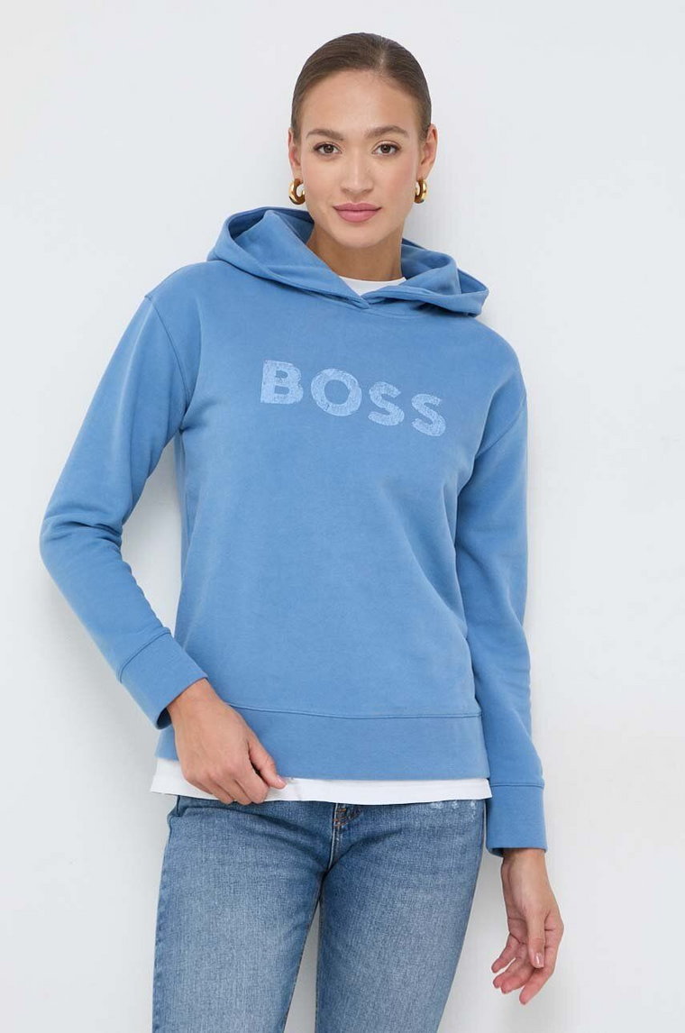 Boss Orange bluza bawełniana BOSS ORANGE damska kolor niebieski z kapturem z nadrukiem 50501150