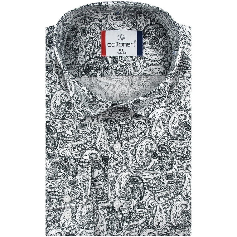 Koszula Męska Elegancka Wizytowa do garnituru biała we wzory paisley z długim rękawem w kroju SLIM FIT Cottonart E521