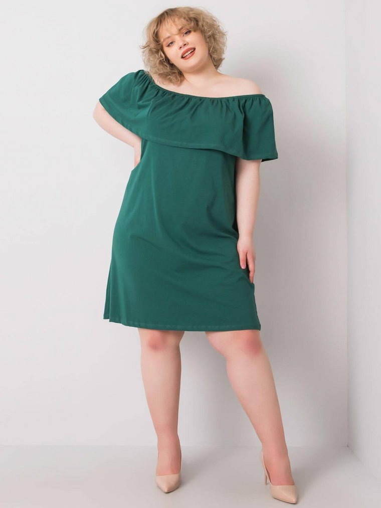 Sukienka plus size ciemny zielony casual codzienna dekolt hiszpanka rękaw krótki długość przed kolano