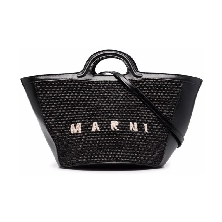 Czarna pleciona torba tote z haftowanym logo Marni