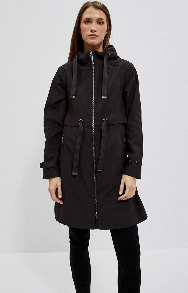 Damski płaszcz z kapturem w kolorze czarnym 4002, Kolor czarny, Rozmiar S, Moodo