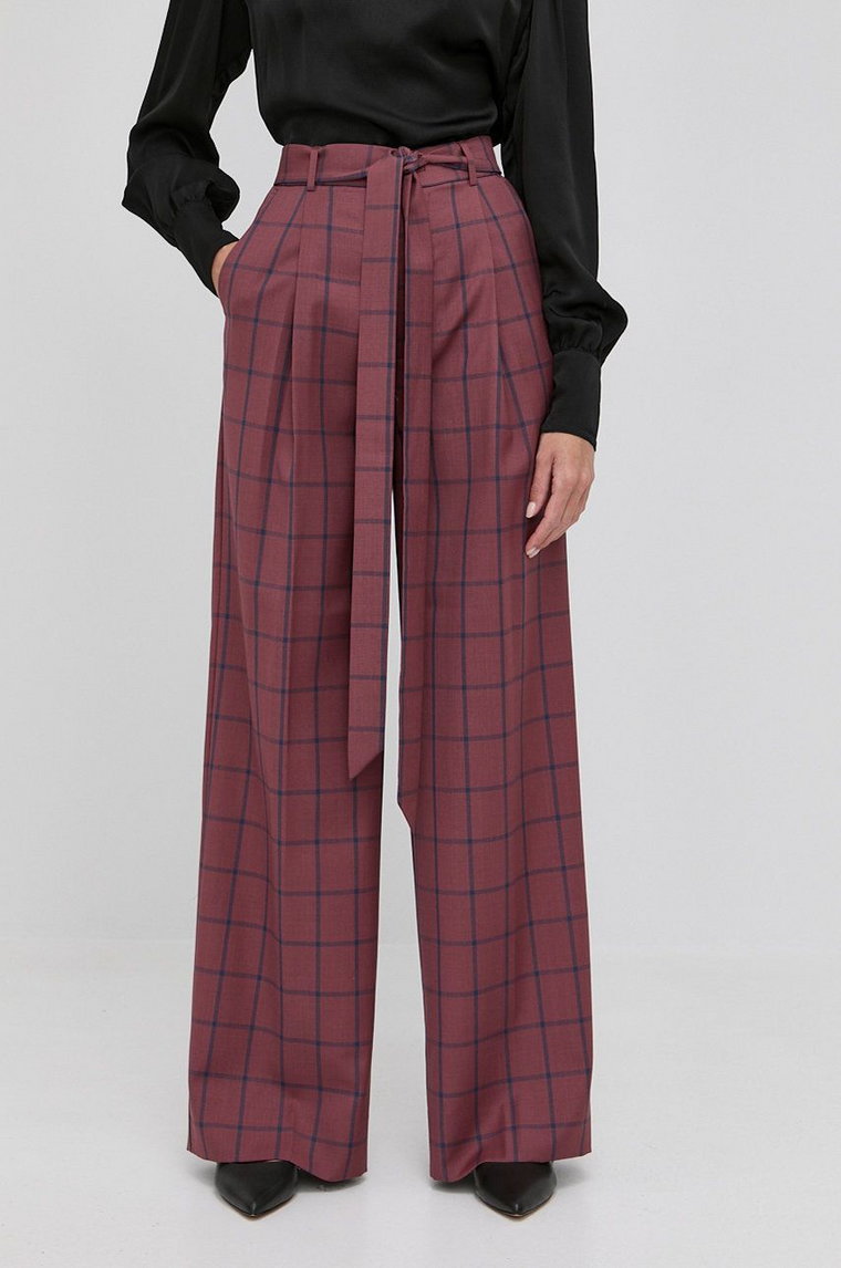 Custommade spodnie wełniane damskie kolor bordowy szerokie high waist