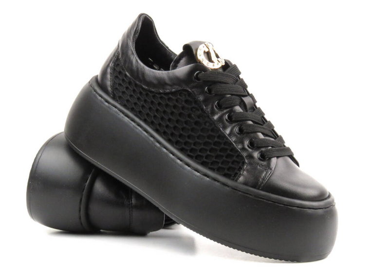 Skórzane buty damskie na platformie - Carinii B9405, czarne