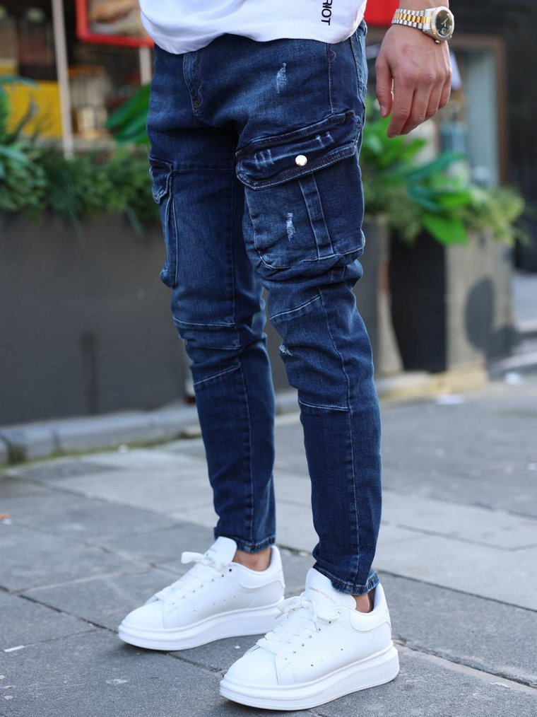 Spodnie Jeansowe Cargo Z Uszkodzeniami Męskie Ciemne Niebieskie i8 Denim New Season