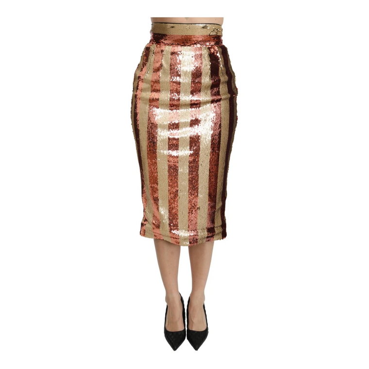 Gold Orange Striped High Waist Midi Skirt Dolce & Gabbana