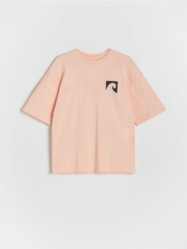 Reserved - T-shirt oversize z nadrukiem - brzoskwiniowy