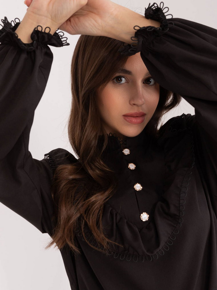 Koszula klasyczna czarny elegancki dekolt stójka rękaw długi falbana bufiasty rękaw