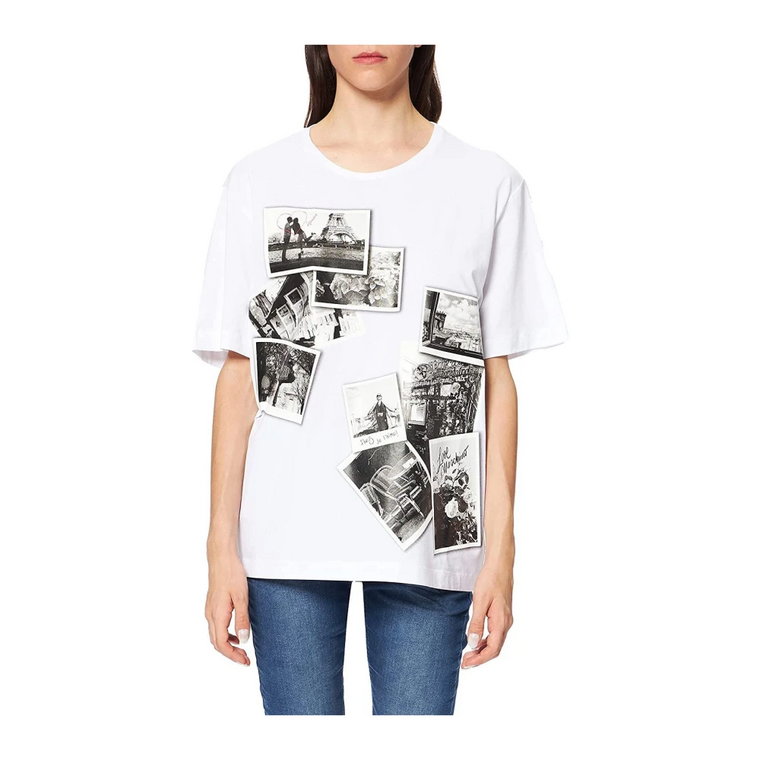 Biała bawełniana koszulka oversize z nadrukiem fotograficznym Love Moschino