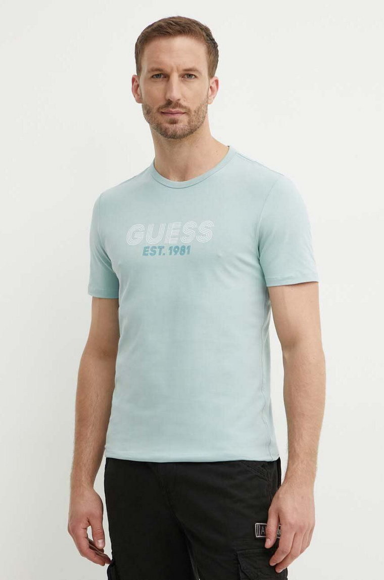 Guess t-shirt męski kolor turkusowy z nadrukiem M4YI30 J1314