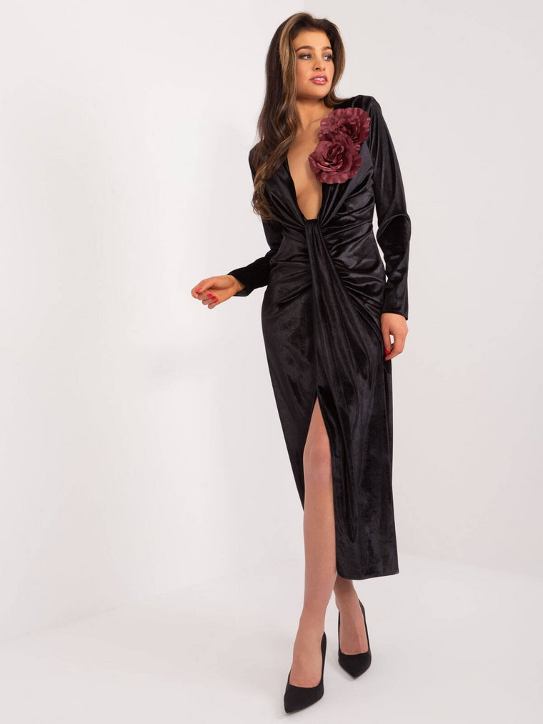 Sukienka wieczorowa czarny elegancka rękaw długi długość midi z podszewką