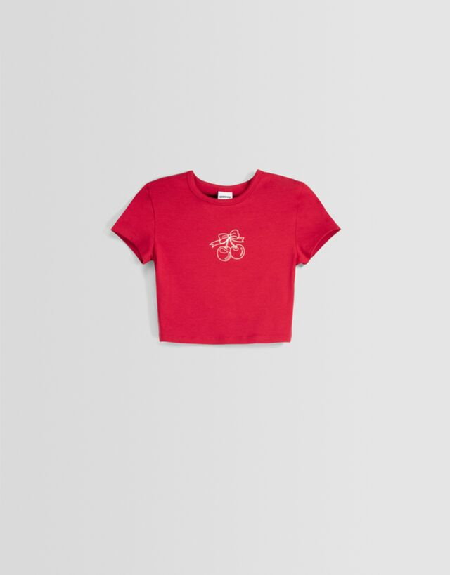 Bershka Koszulka Z Krótkim Rękawem I Nadrukiem Kobieta S Czerwony