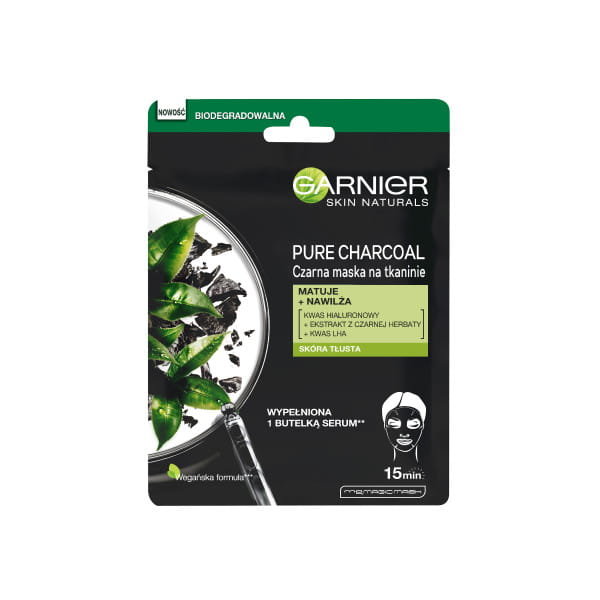 Garnier Pure Charcoal Black Tissue Mask matująco-oczyszczająca maska na tkaninie z ekstraktem z czarnej herbaty 28g