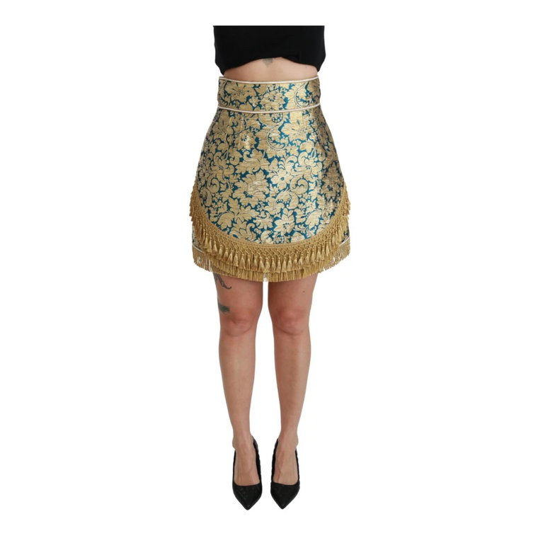 Blue High Waist Jacquard Tassel Gold Skirt Dolce & Gabbana