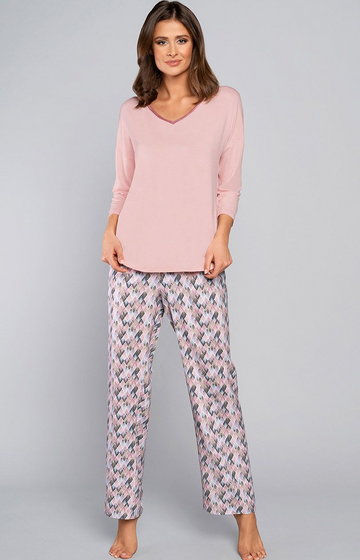 Bambus piżama damska 3/4+dł., Kolor róż pudrowy-wzór, Rozmiar S, Italian Fashion