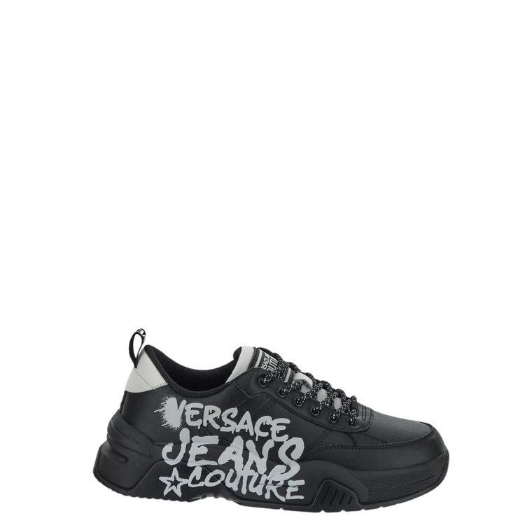 Czarne Niskie Sneakersy z Nadrukiem Logo Versace Jeans Couture