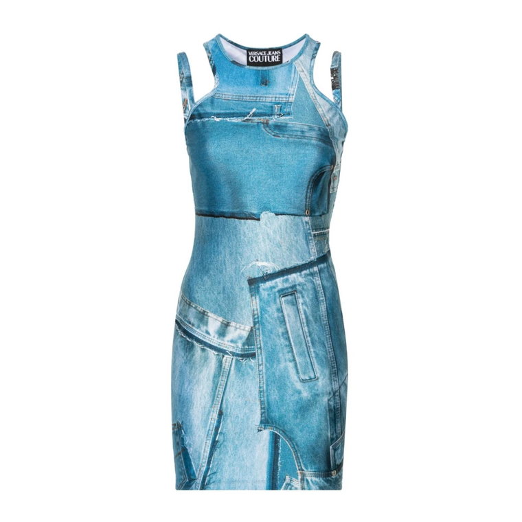 Niebieskie Sukienki z Dżinsu z Lycra Print Patch Versace Jeans Couture