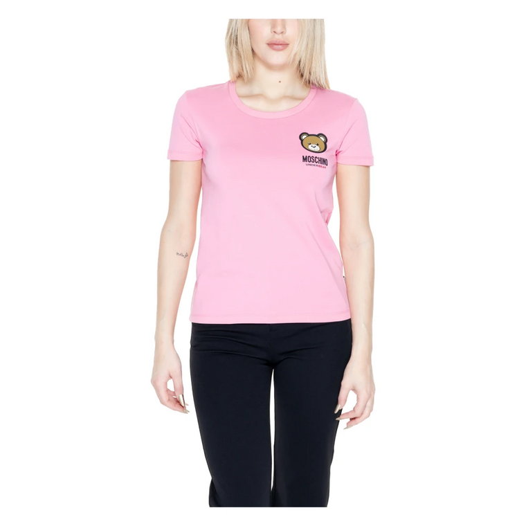 Różowa koszulka damska z krótkim rękawem i nadrukiem Moschino