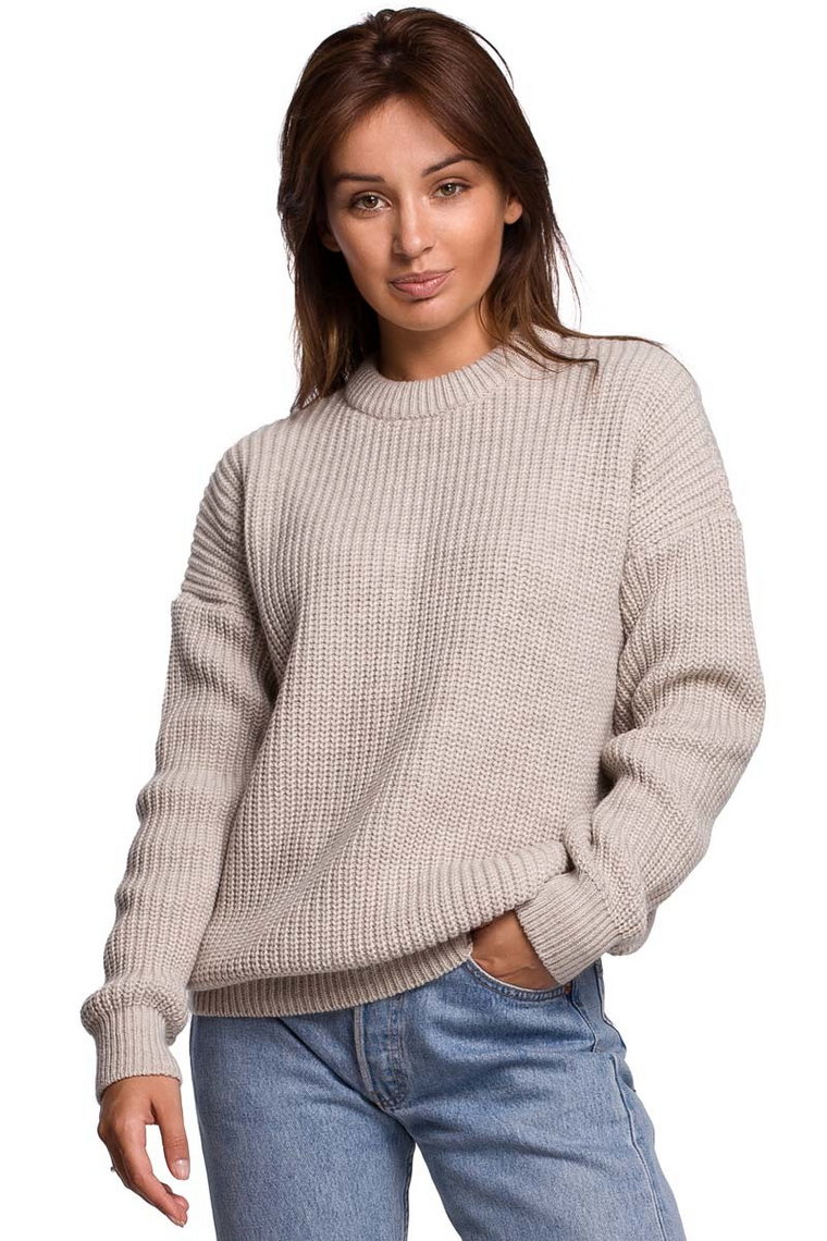 Sweter Oversize o Przedłużonym Kroju - Beżowy