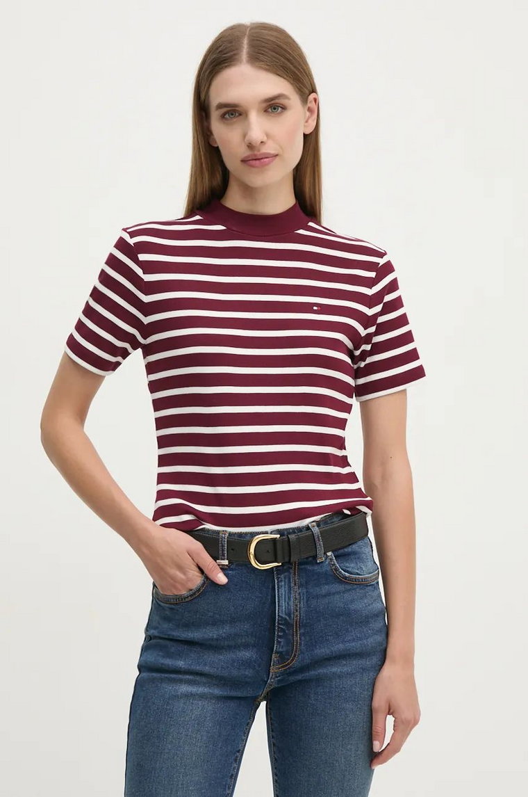 Tommy Hilfiger t-shirt bawełniany damski kolor bordowy z półgolfem