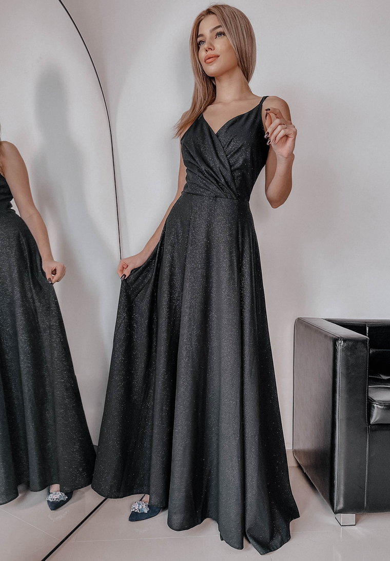 Długa sukienka brokatowa Prom czarna 34
