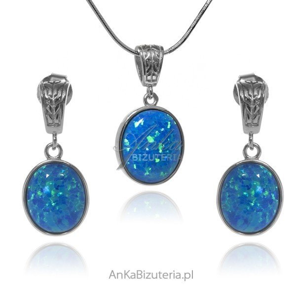 AnKa Biżuteria, Komplet biżuteria srebrna z niebieskim opalem owaln