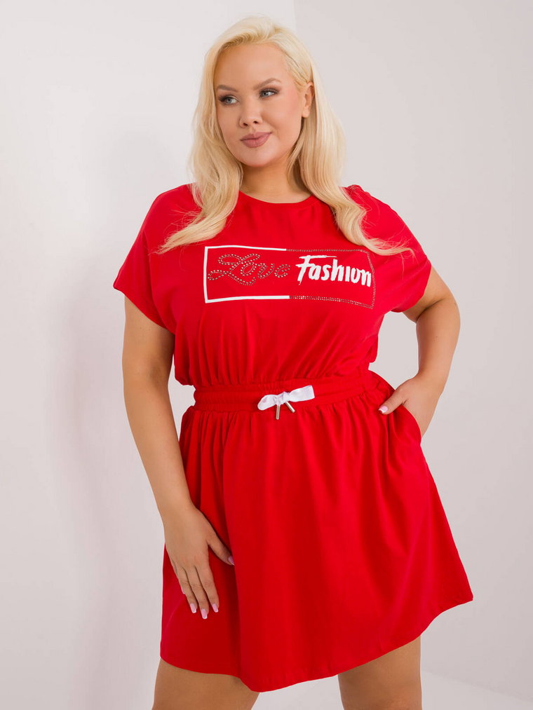 Sukienka plus size czerwony dresowa codzienna letnia dekolt okrągły rękaw krótki długość mini dżety kieszenie