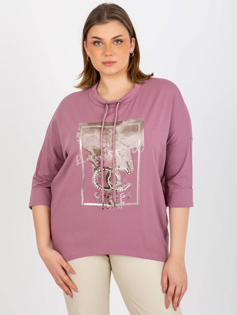 Bluzka plus size ciemny różowy casual dekolt okrągły rękaw 3/4 dżety troczki