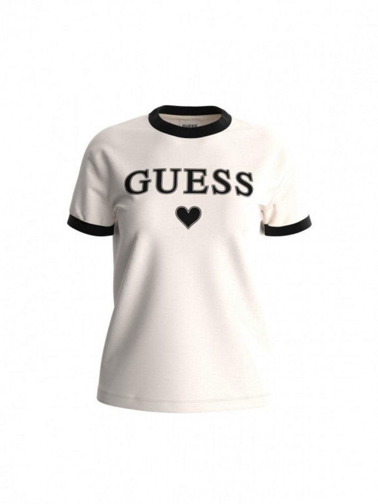 Damski t-shirt z nadrukiem Guess Caryl SS T-shirt - kremowy