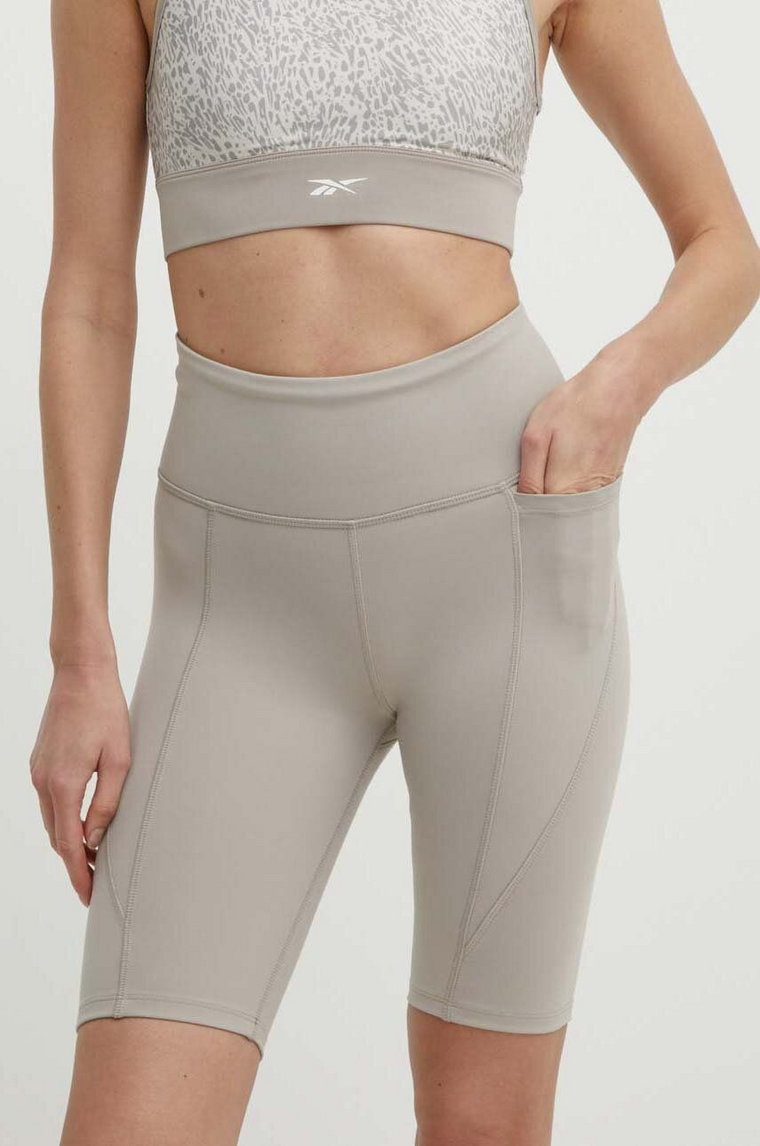 Reebok szorty treningowe LUX Collection kolor beżowy gładkie high waist 100076151