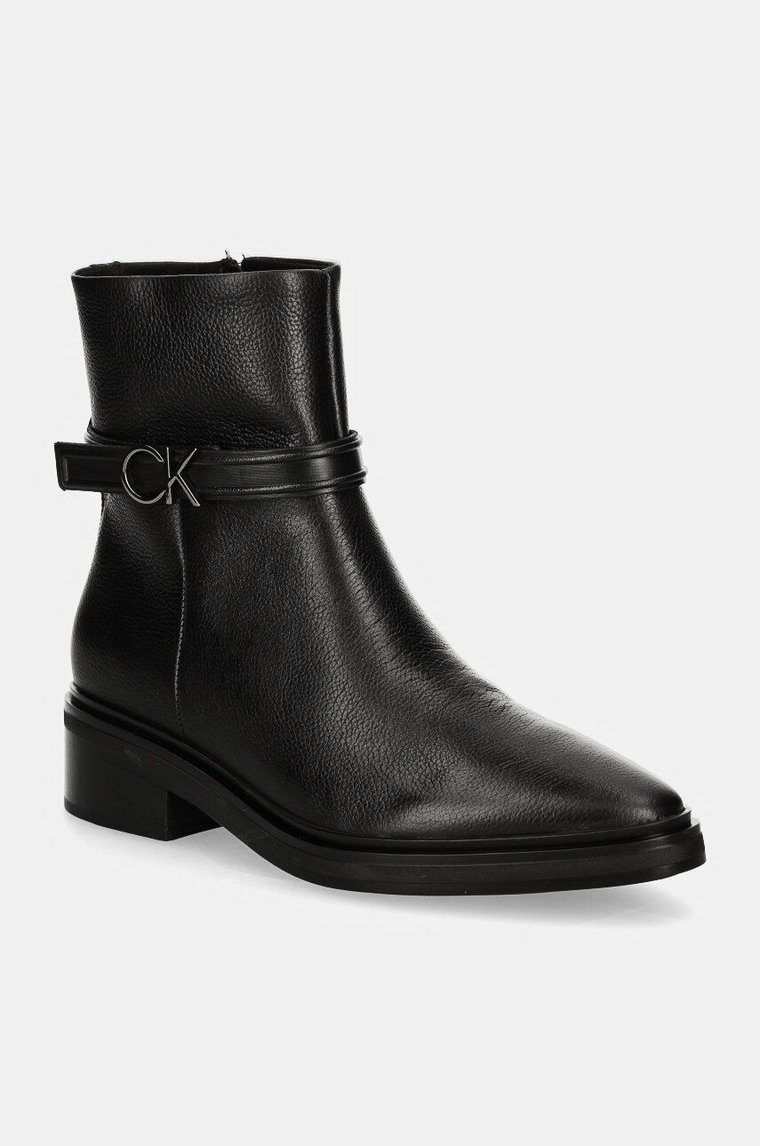 Calvin Klein botki skórzane HEEL ANKLE BOOT 30 W/HW LTH damskie kolor czarny na płaskim obcasie HW0HW02183