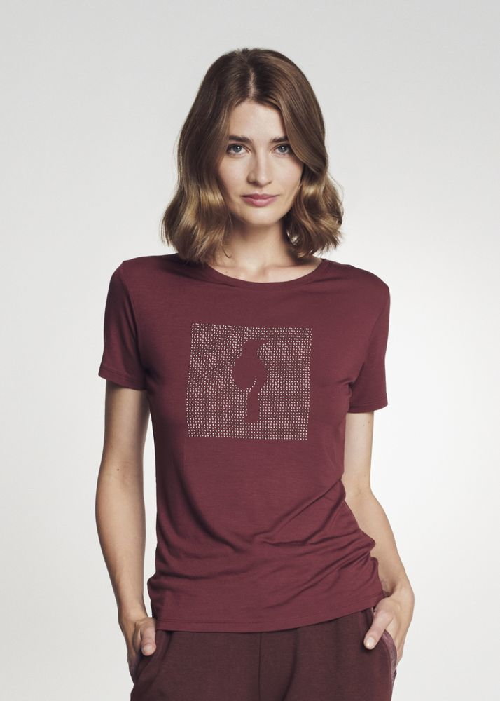 Bordowy T-shirt damski z aplikacją