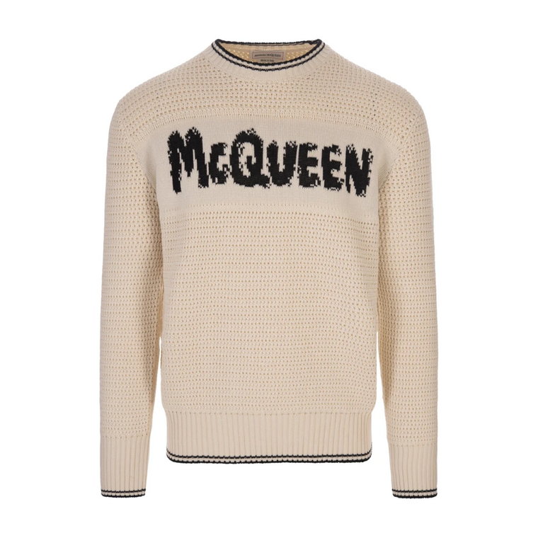 Biała Sweter z Okrągłym Dekoltem z Organicznej Bawełny z McQueen Graffiti Alexander McQueen