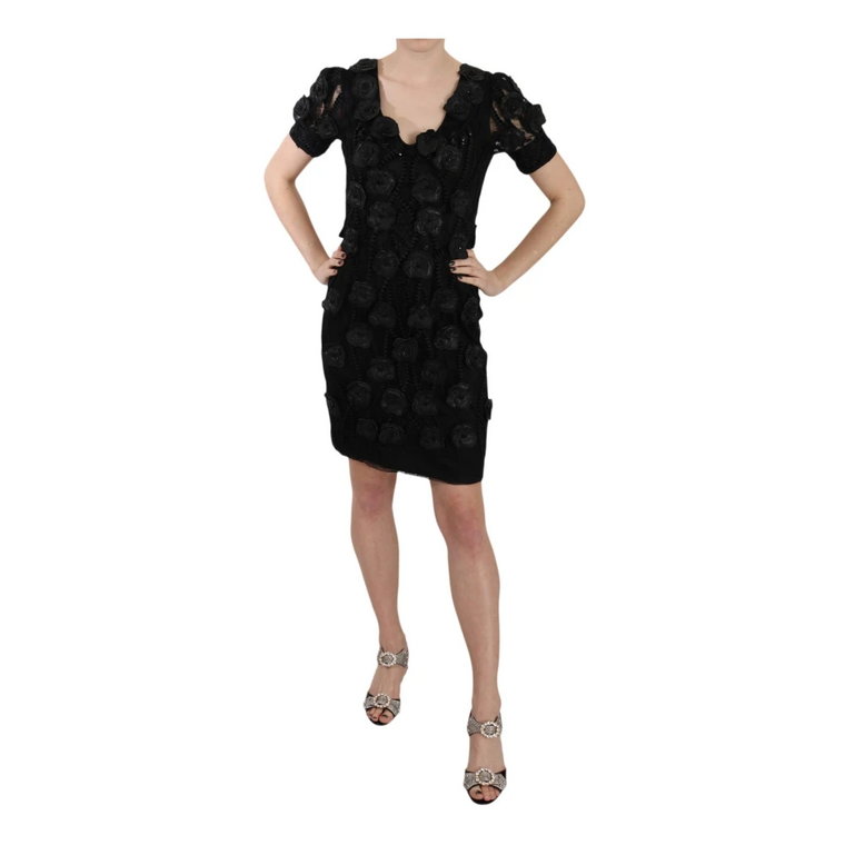 Black Silk Leather Flowers Sheath Dress John Richmond