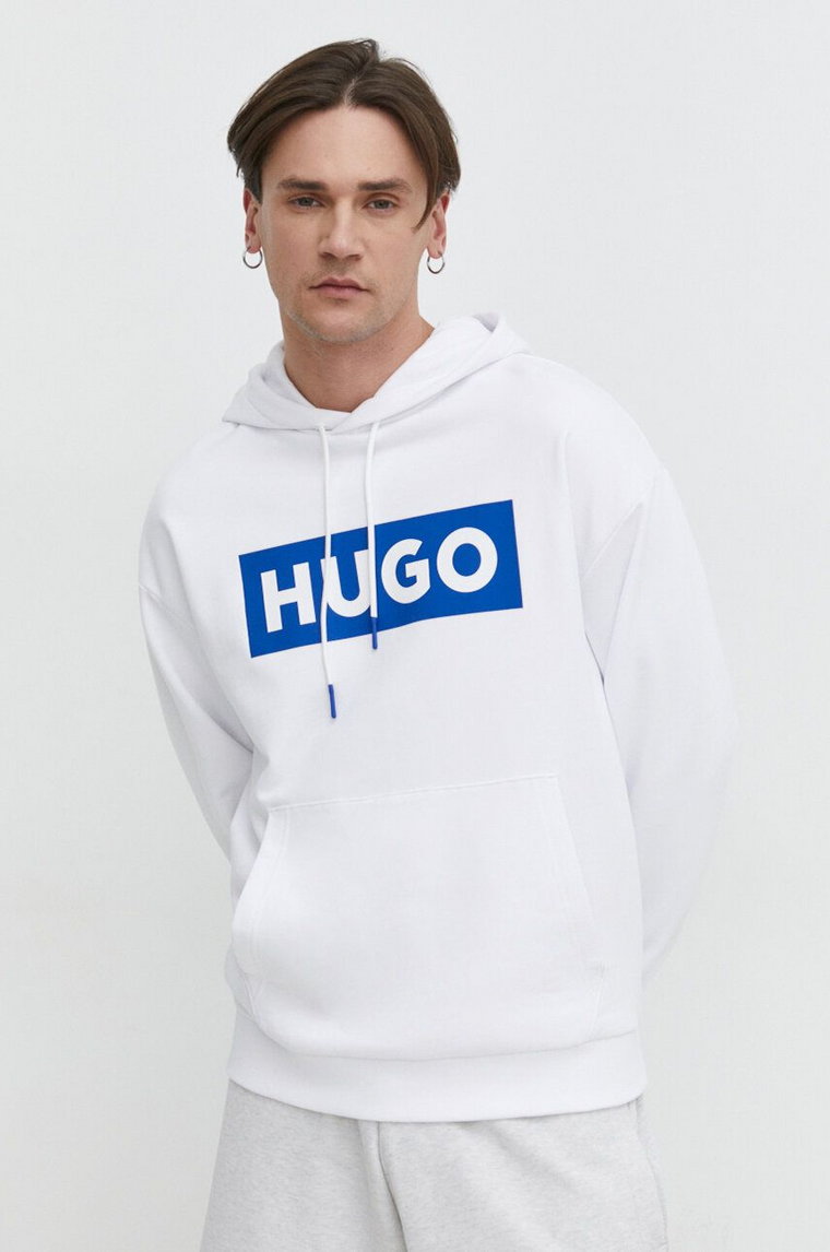 Hugo Blue bluza męska kolor biały z kapturem z nadrukiem 50522370