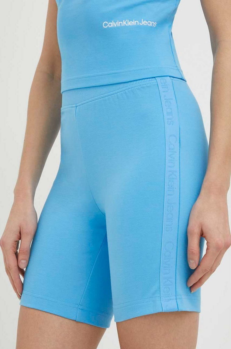 Calvin Klein Jeans szorty damskie kolor niebieski z aplikacją high waist