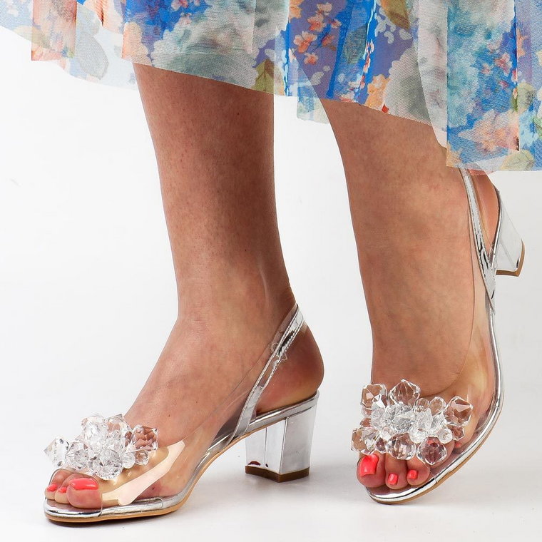 Srebrne silikonowe sandały damskie na obcasie z kryształami, transpare