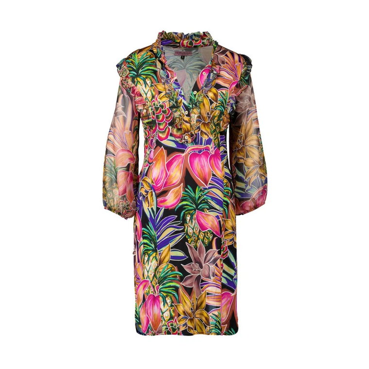 Sukienka Midi z Tropikalnym Wzorem i Falbanami Tessa Koops