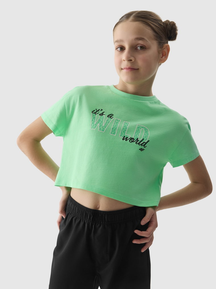 T-shirt crop-top z nadrukiem dziewczęcy - zielony