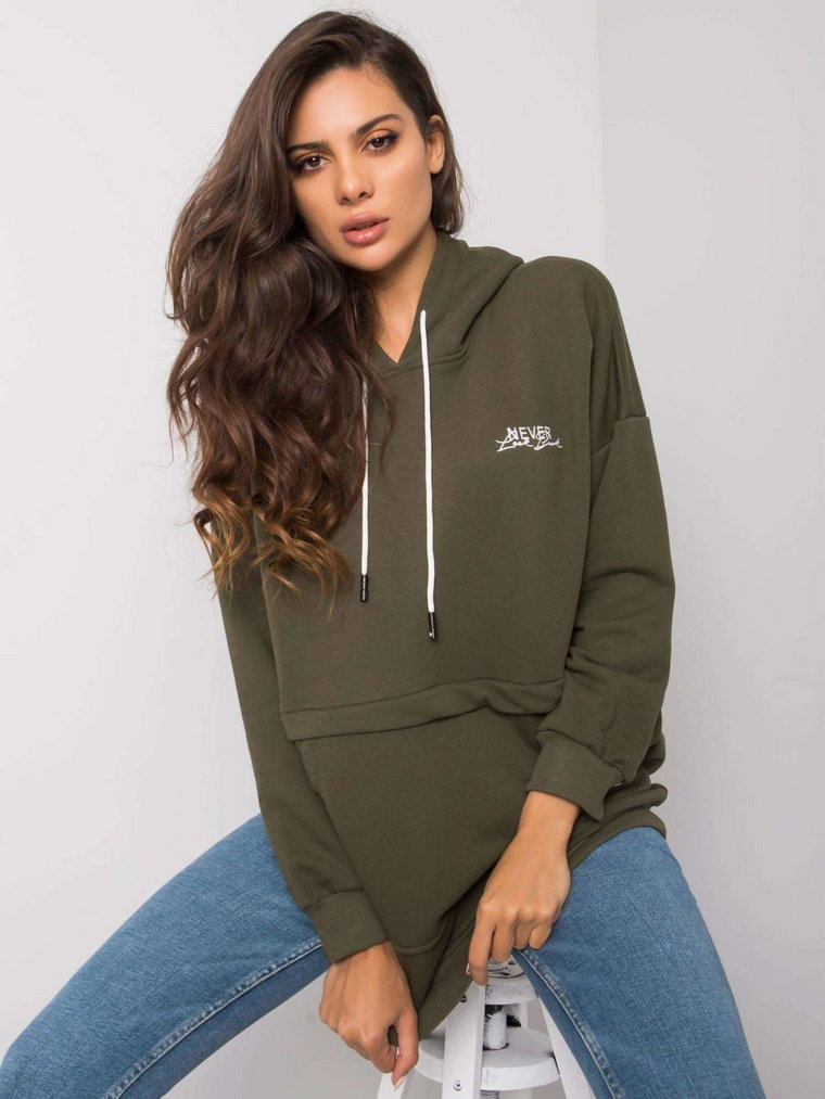 Bluza kangurka khaki casual z kapturem wkładane przez głowę kaptur rękaw długi haft