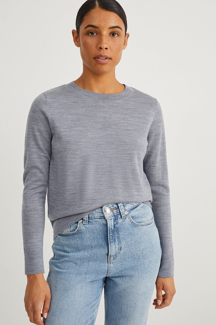 C&A Sweter z wełny merynosów basic, Szary, Rozmiar: XL
