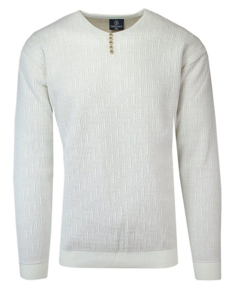 Sweter Wełniany Kremowy w Serek, z Guzikami, w Tłoczony Wzór, V-neck, Męski -VIP STENDO