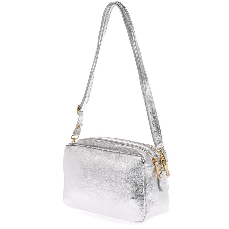 Skórzana damska torebka listonoszka srebrna dwukomorowa pojemna na pasku szary, srebrny