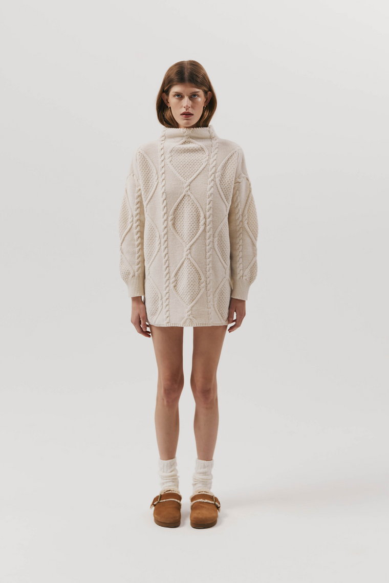Wełniany sweter o warkoczowym splocie : Kolor - Kremowy, Rozmiar - M/L